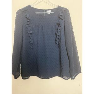J. Crew Navy Ruffle Front Clip Swiss Dot Long Sleeve Blouse 8 J6918